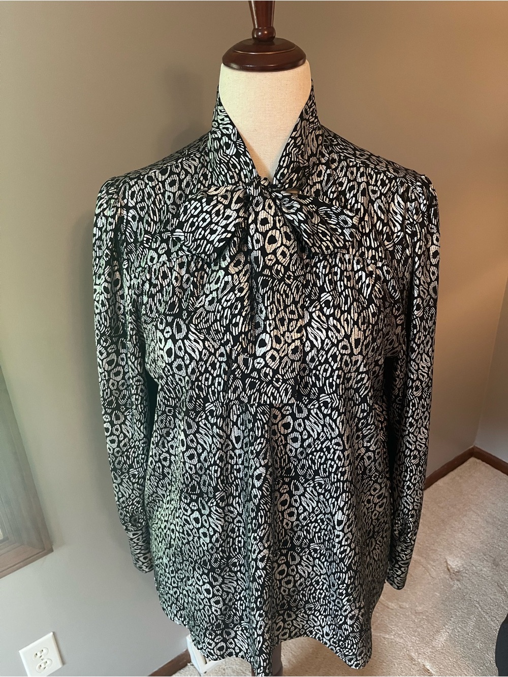 Black & Silver Animal Print Tie-Neck Women's Blouse
